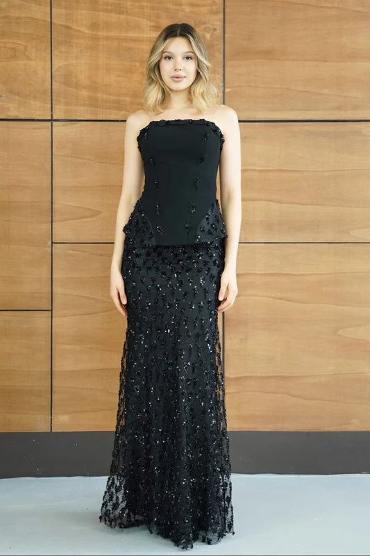 Elegant Strapless Sleeveless Peplum Black Floor-Length Prom Dress for Women