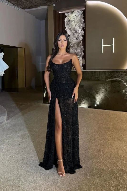 Fashion Sheath Strapless Sleeveless Black Floor-Length Prom Dress With High Slit