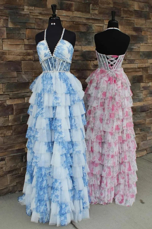 Gorgeous A-Line Halter V-Neck Sleeveless Tiered Ruffle Blue Floor-Length Prom Dress