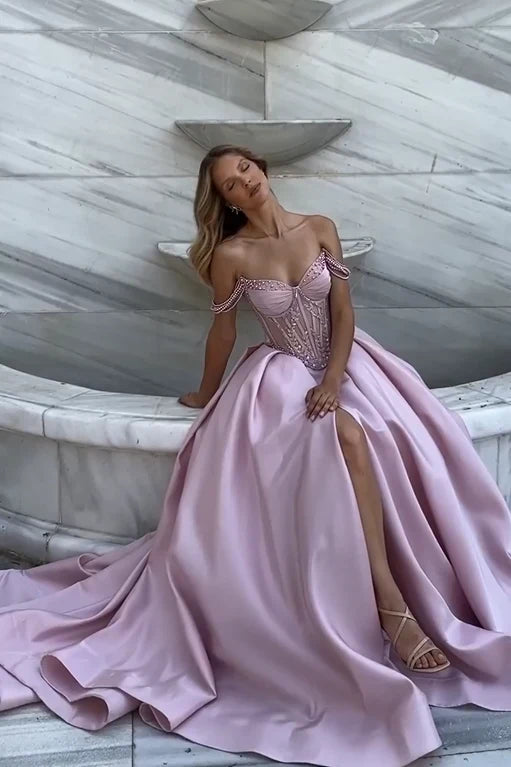 Gorgeous A-Line Off the Shoulder Sweetheart Beaded Corset Satin Long Prom Dress with Slit