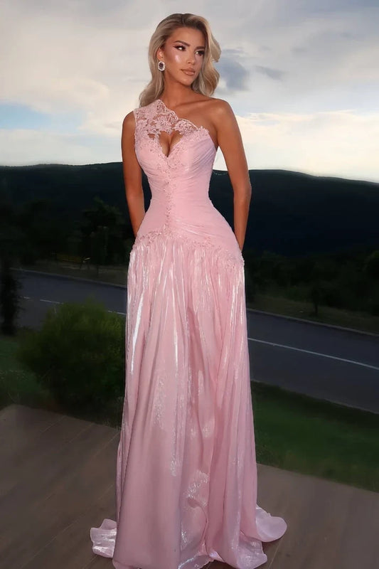 Gorgeous A-Line One-Shoulder Sleeveless Lace Appliqué Ruched Pink Floor-Length Prom Dress