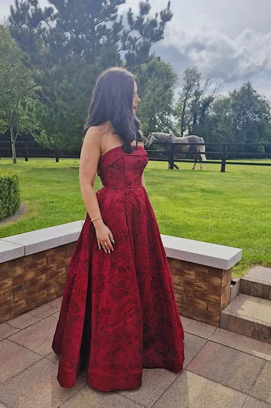 Gorgeous A-Line Strapless Sleeveless Jacquard Patterned Satin Floor-Length Prom Dress