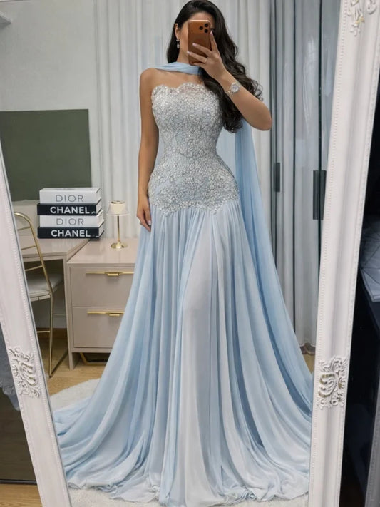 Gorgeous A-Line Strapless Sleeveless Light Blue Long Prom Dress with Appliques