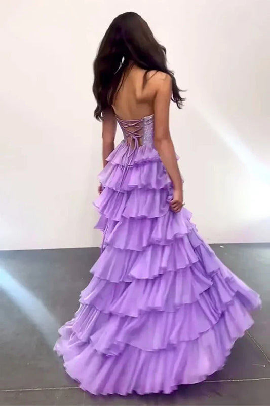 Gorgeous A-Line Strapless Sleeveless Tiered Ruffle Chiffon Floor-Length Prom Dress with Slit