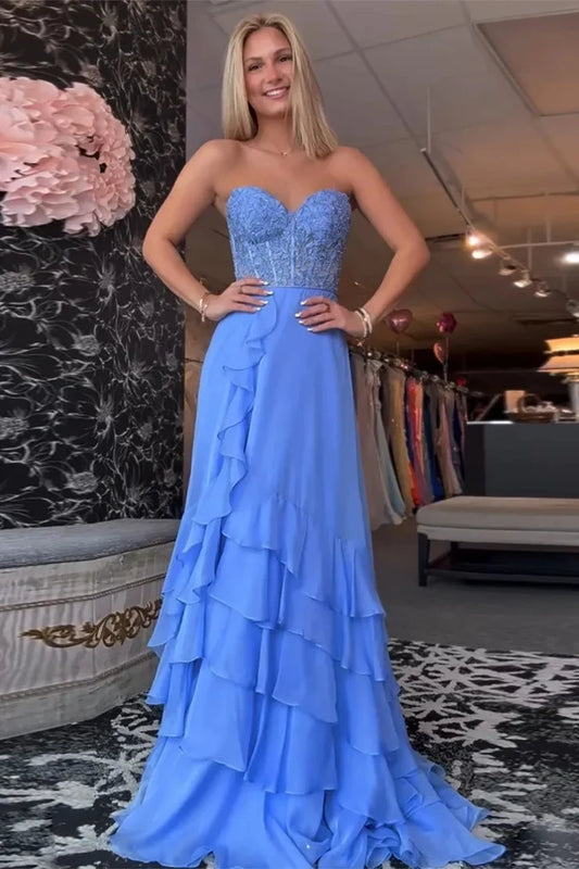 Gorgeous A-Line Sweetheart Sleeveless Appliqued Ruffled Chiffon Blue Floor-Length Prom Dress