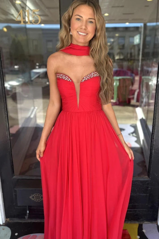 Gorgeous A-Line Sweetheart Sleeveless Beaded Chiffon Red Floor-Length Prom Dress