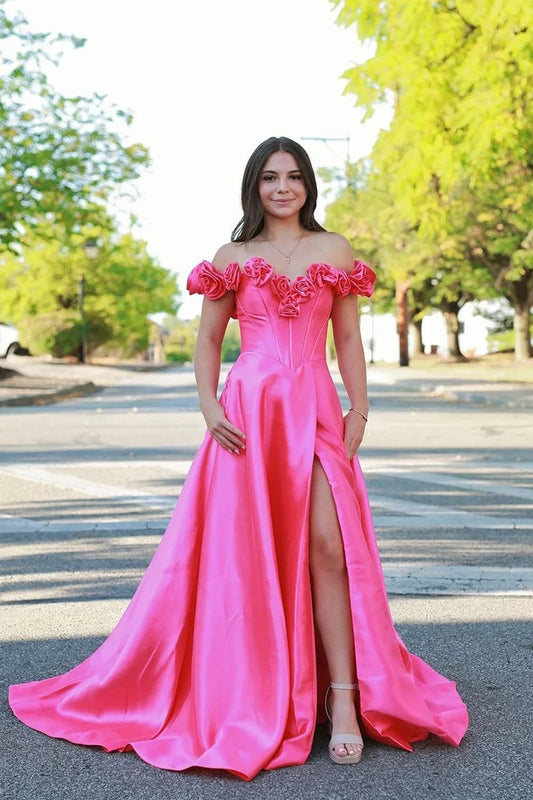 Gorgeous A-Line Sweetheart Sleeveless Floral Slit Satin Floor-Length Prom Dress