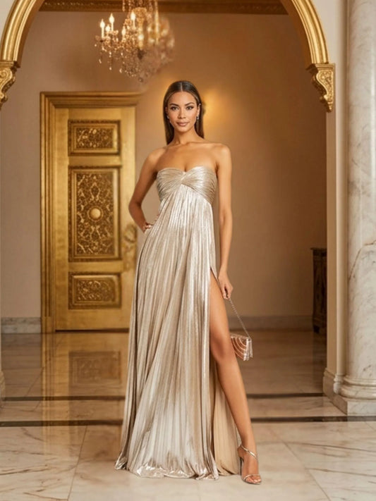 Gorgeous A-Line Sweetheart Sleeveless Pleated Slit Gold Satin Floor-Length Prom Dress
