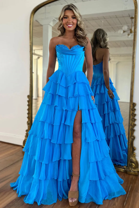 Gorgeous A-Line Sweetheart Sleeveless Ruffled Tiered Slit Chiffon Ocean Blue Floor-Length Prom Dress