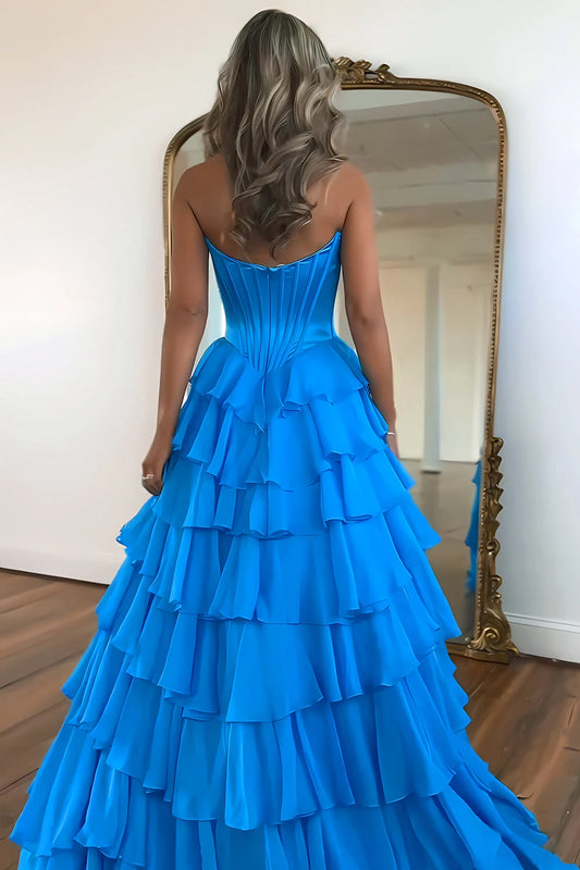 Gorgeous A-Line Sweetheart Sleeveless Ruffled Tiered Slit Chiffon Ocean Blue Floor-Length Prom Dress