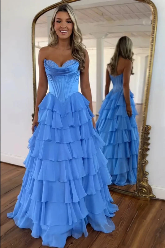 Gorgeous A-Line Sweetheart Sleeveless Tiered Ruffle Blue Chiffon Floor-Length Prom Dress