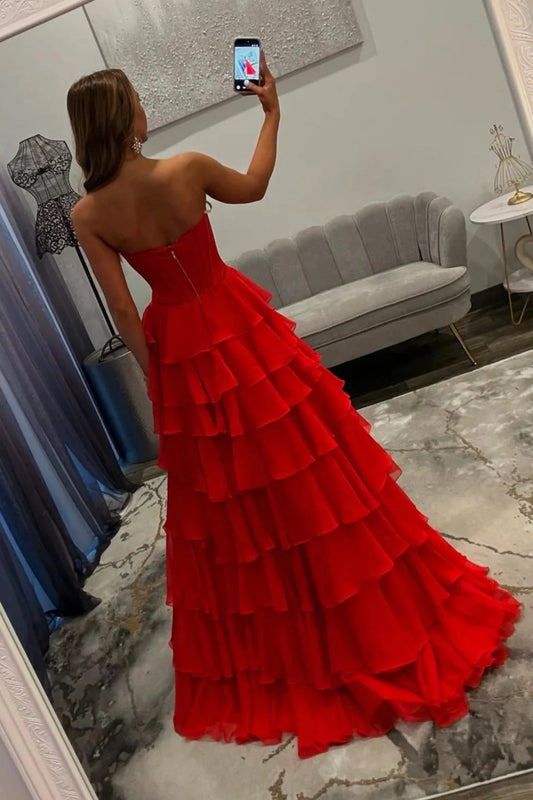 Gorgeous A-Line Sweetheart Sleeveless Tiered Ruffle Chiffon Red Floor-Length Prom Dress