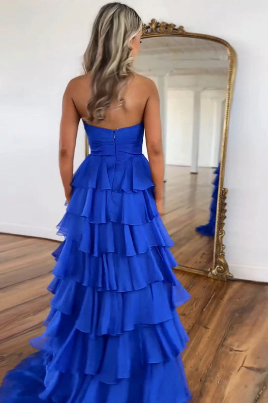 Gorgeous A-Line Sweetheart Sleeveless Tiered Ruffle Chiffon Royal Blue Floor-Length Prom Dress