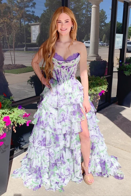 Gorgeous A-Line Sweetheart Sleeveless Tiered Ruffle Floral Chiffon Floor-Length Prom Dress With Slit