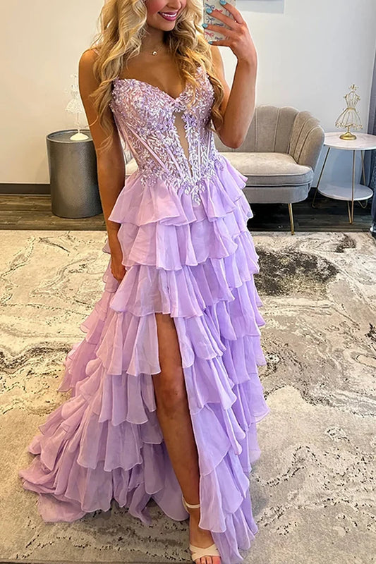 Gorgeous A-Line Sweetheart Sleeveless Tiered Ruffle Slit Chiffon Floor-Length Prom Dress