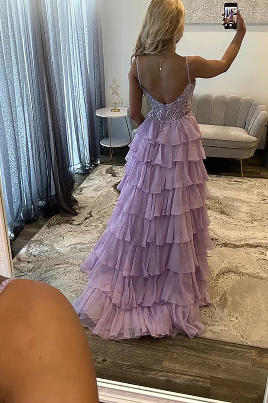 Gorgeous A-Line Sweetheart Sleeveless Tiered Ruffle Slit Chiffon Floor-Length Prom Dress