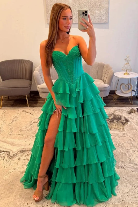 Gorgeous A-Line Sweetheart Sleeveless Tiered Ruffle Slit Tulle Emerald Floor-Length Prom Dress
