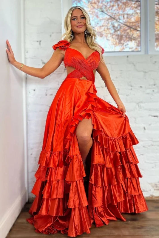Gorgeous A-Line V-Neck Ruffled Tiered Slit Satin Red Floor-Length Prom Dress