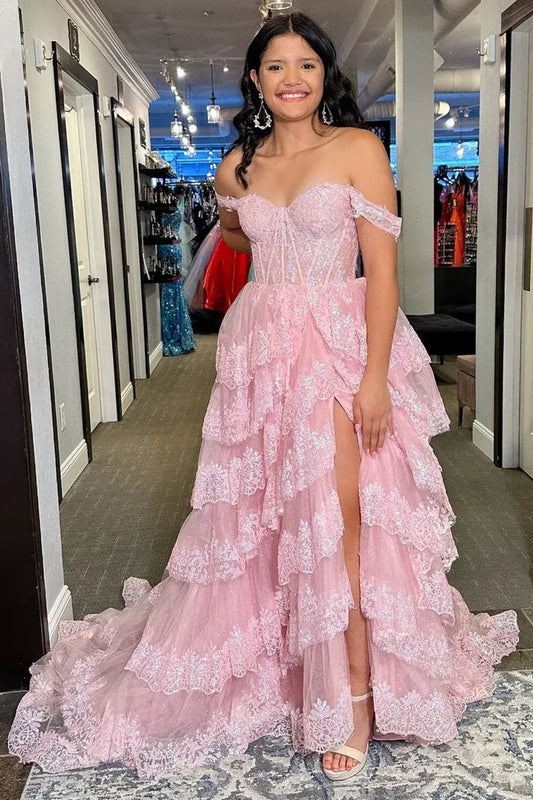 Gorgeous A Line Off-the-Shoulder Tiered Lace Tulle Long Prom Dress With Slit