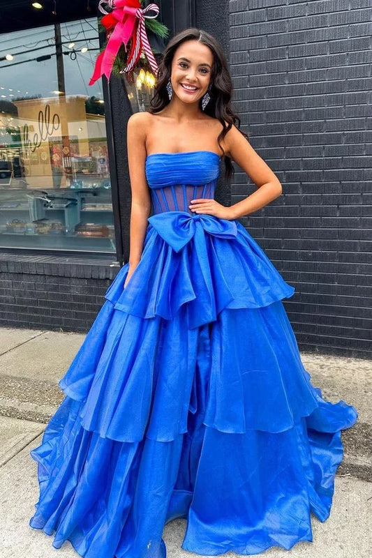 Gorgeous Ball Gown Strapless Sleeveless Layered Tiered Bow Blue Long Prom Dress