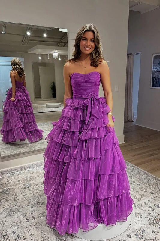 Gorgeous Ball Gown Strapless Sleeveless Tiered Ruffle Floor-Length Prom Dress