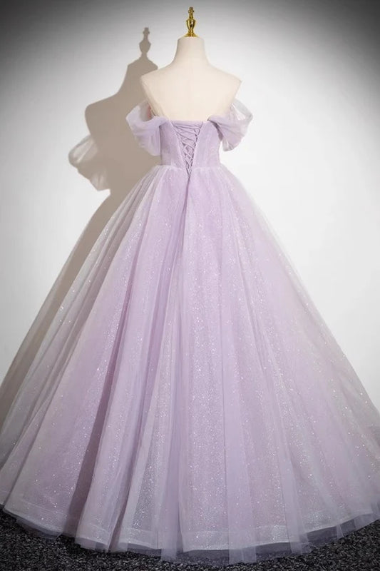 Gorgeous Ball Gown Sweetheart Short Sleeve Floral Applique Glitter Tulle Lavender Floor-Length Prom Dress
