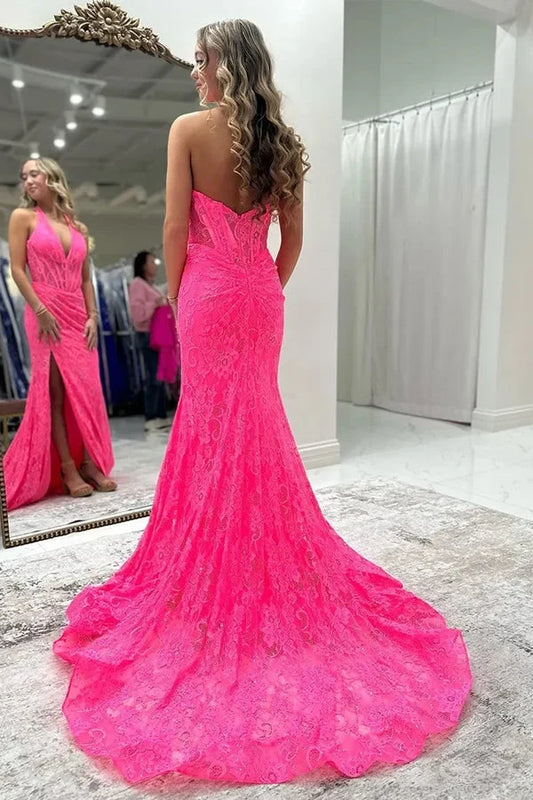 Gorgeous Mermaid Halter Sleeveless Lace Fuchsia Court Train Prom Dress With Slit