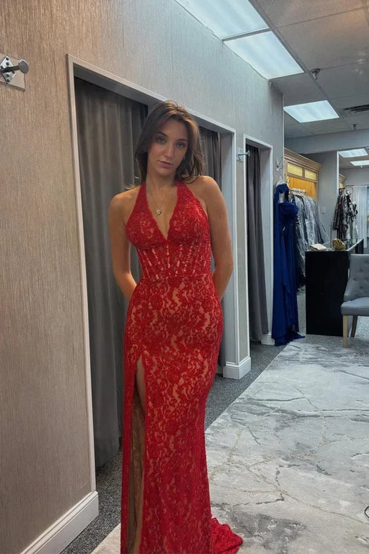 Gorgeous Mermaid Halter V-Neck Sleeveless Lace Red Floor-Length Prom Dress