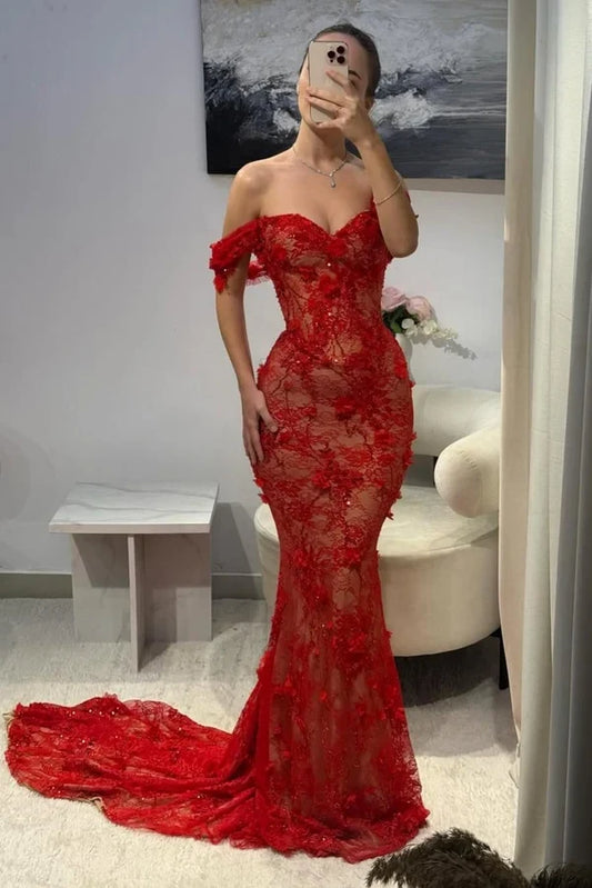 Gorgeous Mermaid Off-the-Shoulder Red Floor-Length Prom Dress with Lace Appliques