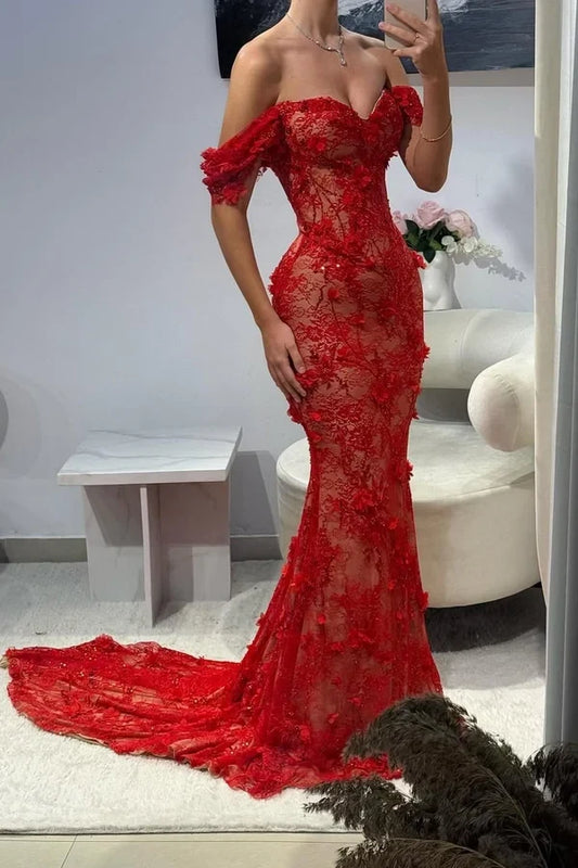 Gorgeous Mermaid Off-the-Shoulder Red Floor-Length Prom Dress with Lace Appliques
