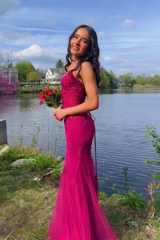 Gorgeous Mermaid Spaghetti Straps Sleeveless Lace-Up Back Applique Tulle Long Prom Dress