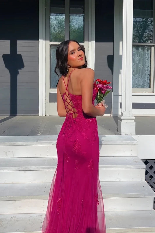 Gorgeous Mermaid Spaghetti Straps Sleeveless Lace-Up Back Applique Tulle Long Prom Dress