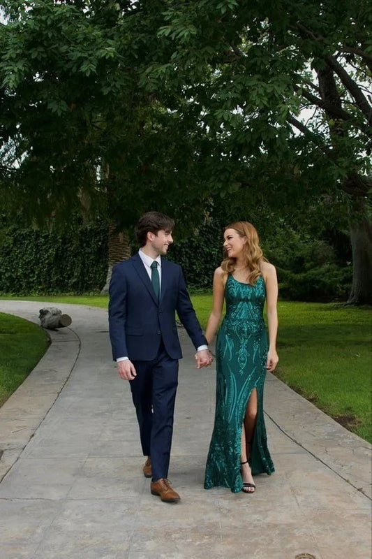 Gorgeous Mermaid Spaghetti Straps Sleeveless Sequin Criss-Cross Back Floor-Length Prom Dress With Slit