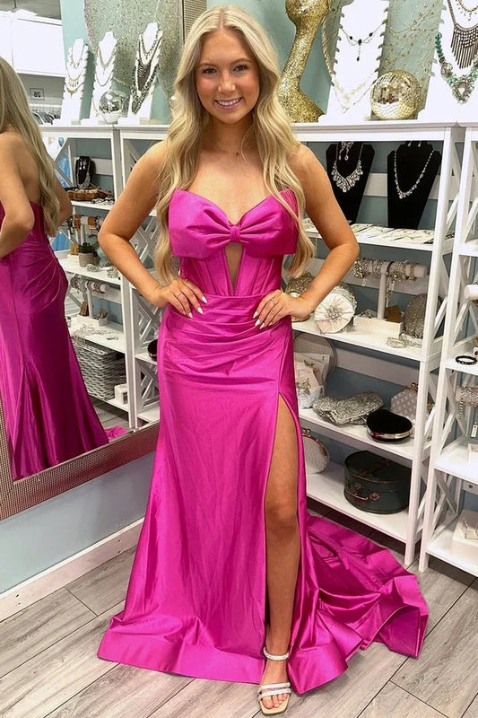 Gorgeous Mermaid Sweetheart Sleeveless Bow Slit Draped Satin Floor-Length Prom Dress