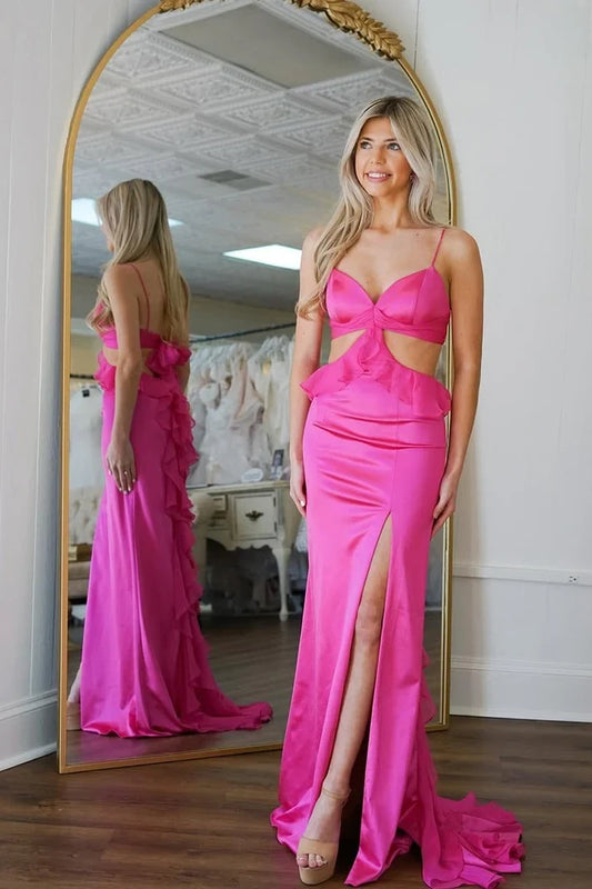 Gorgeous Mermaid Sweetheart Sleeveless Cutout Ruffled Slit Satin Floor-Length Prom Dress
