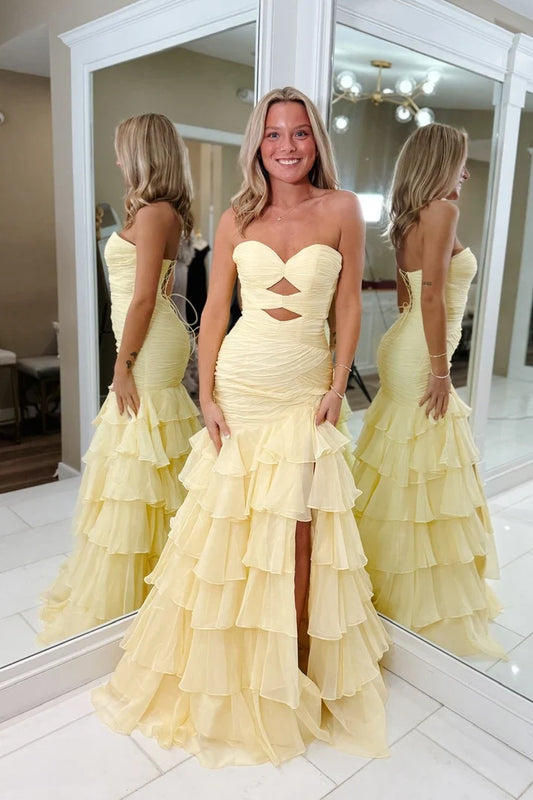 Gorgeous Mermaid Sweetheart Sleeveless Ruffled Slit Cutout Chiffon Floor-Length Prom Dress