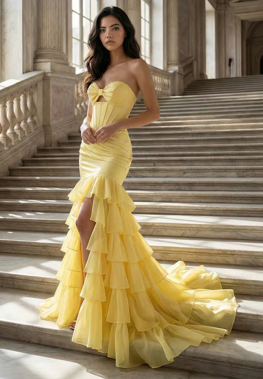 Gorgeous Mermaid Sweetheart Sleeveless Tiered Ruffle Satin Daffodil Floor-Length Prom Dress