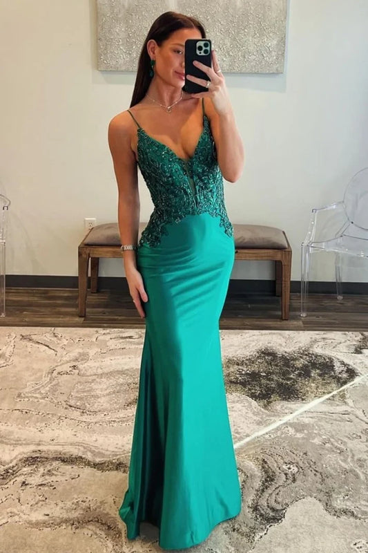 Gorgeous Mermaid V-Neck Sleeveless Beaded Satin Dark Green Floor-Length Prom Dress