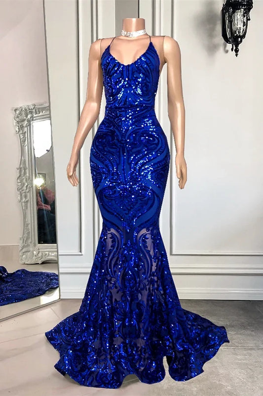 Gorgeous Mermaid V-Neck Sleeveless Sequined Royal Blue Floor-Length Prom Dress