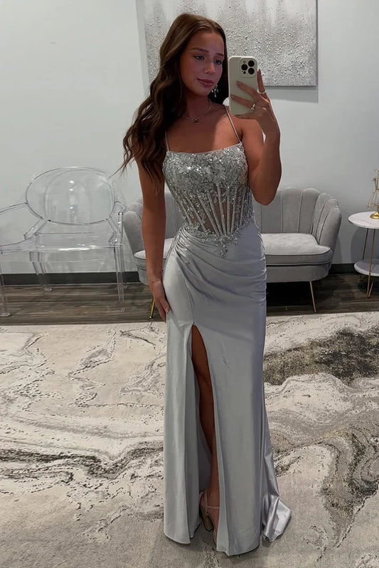 Gorgeous Sheath Spaghetti Straps Sleeveless Beaded Corset Slit Satin Silver Floor-Length Prom Dress