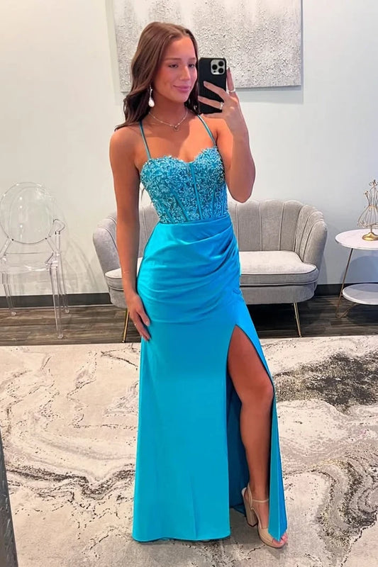 Gorgeous Sheath Spaghetti Straps Sweetheart Sleeveless Blue Floor-Length Prom Dress With Slit