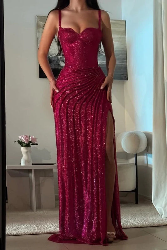 Gorgeous Sheath Sweetheart Sleeveless Ruched Slit Glitter Floor-Length Prom Dress