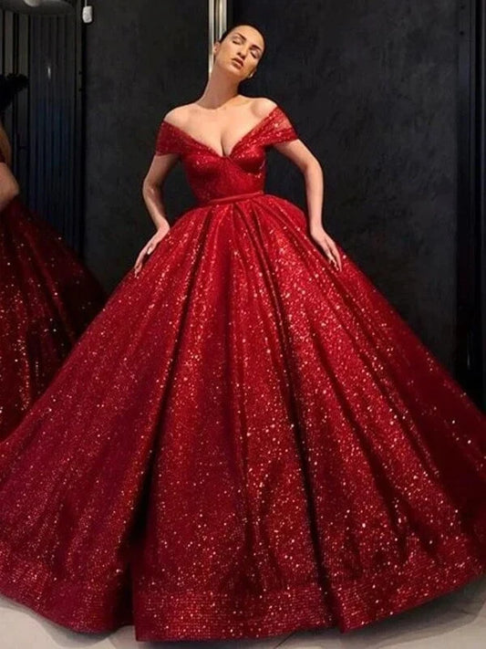 Gorgeous Sparkly Off-the-Shoulder Sequin Floor-Length Ball Gown Prom Dress
