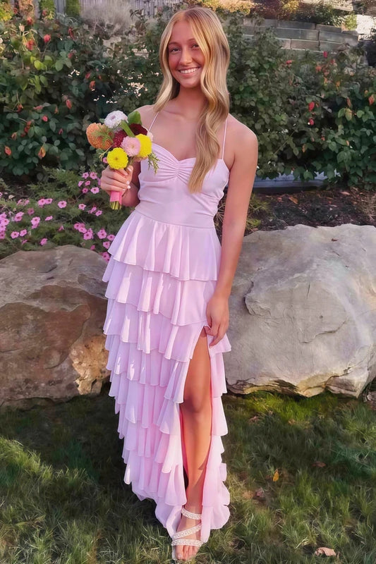 Lovely A-Line Sweetheart Sleeveless Tiered Ruffle Chiffon Long Prom Dress With Slit