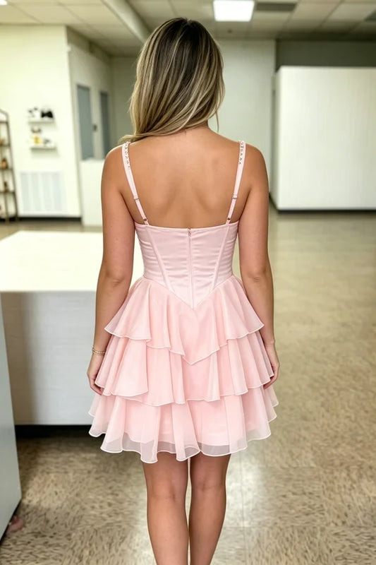 Pretty A-Line Square Neck Sleeveless Tiered Ruffle Short-Length Homecoming Dress