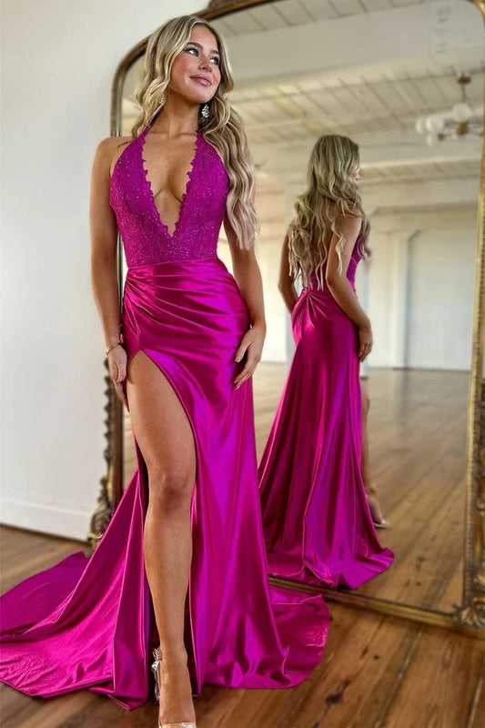 Sexy Mermaid V-Neck Sleeveless High Slit Lace Bodice Satin Floor-Length Prom Dress