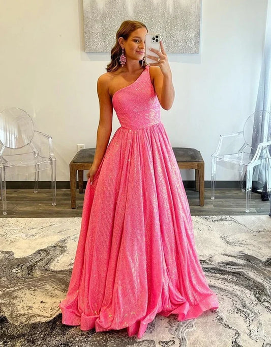 Sparkly A-Line One-Shoulder Sleeveless Sequin Floor-Length Prom Dress