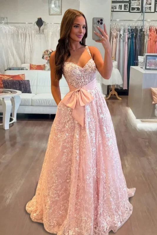 Sparkly A-Line Sweetheart Sleeveless Sequined Lace Floor-Length Prom Dress with Bow