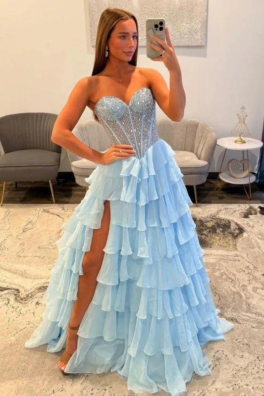 Sparkly A-Line Sweetheart Sleeveless Tiered Ruffle Chiffon Sky Blue Floor-Length Prom Dress