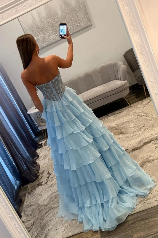 Sparkly A-Line Sweetheart Sleeveless Tiered Ruffle Chiffon Sky Blue Floor-Length Prom Dress